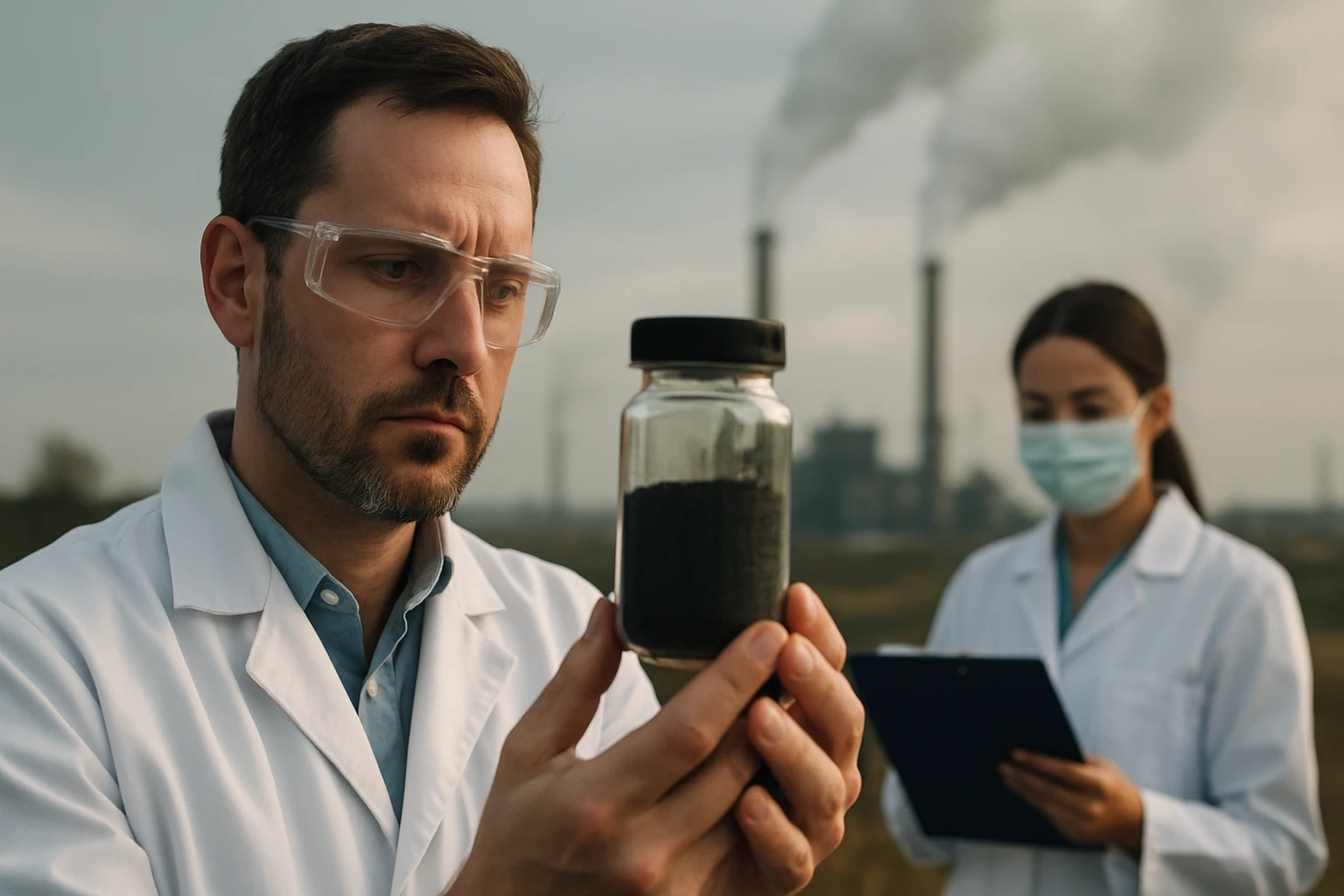 Eine besorgte Frau sitzt am Tisch und hält sich die Schläfen, während ein Arzt ihr ein Medikament zeigt.