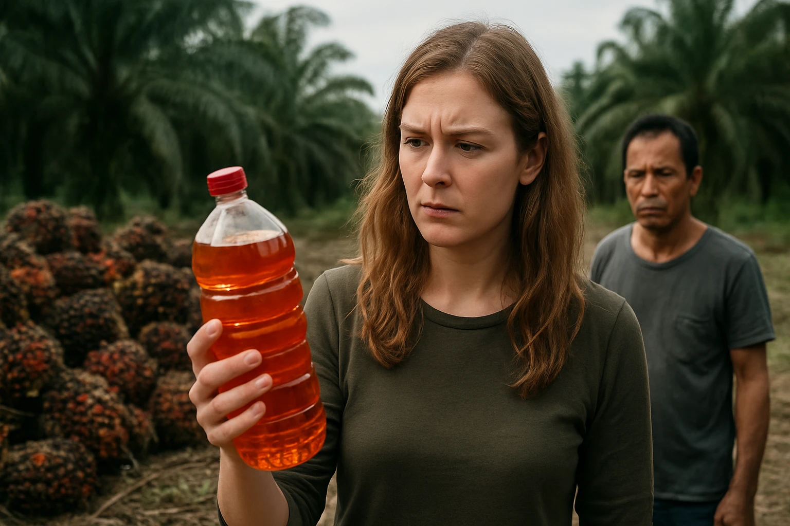 Eine besorgte Frau sitzt am Tisch und hält sich den Kopf, während ein Arzt ihr ein Medikament zeigt.