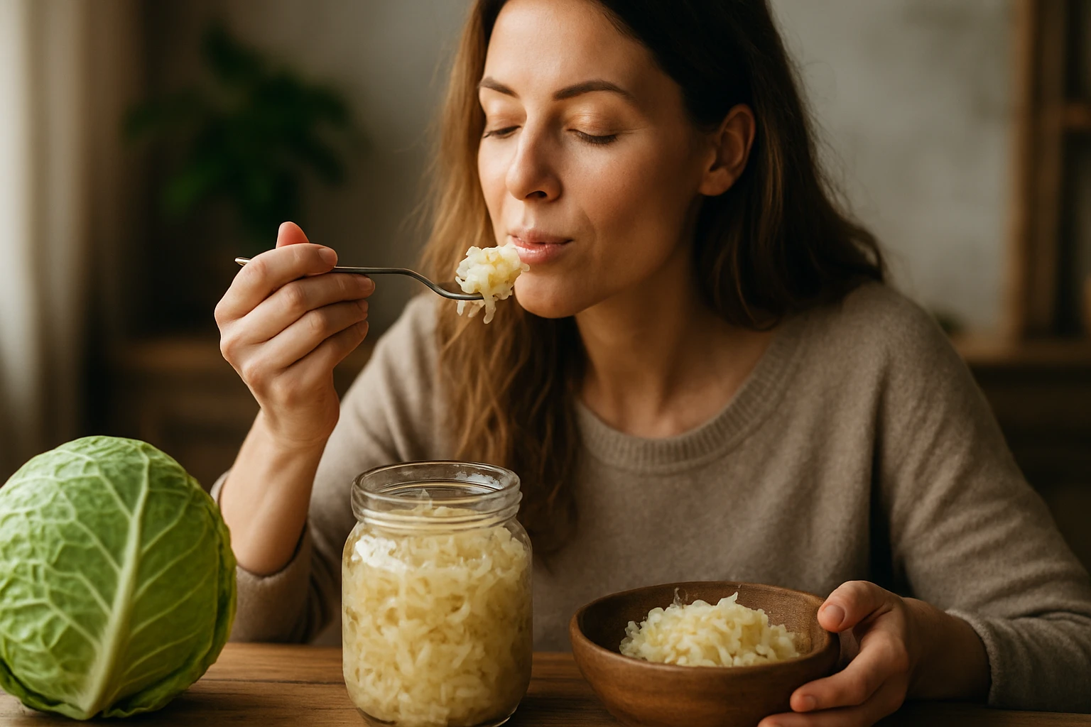 Eine besorgte Frau sitzt am Tisch und hält sich die Schläfen, während ein Arzt ihr ein Medikament zeigt.