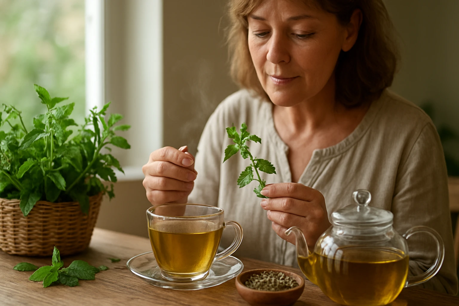 Eine besorgte Frau sitzt am Tisch und hält sich den Kopf, während ein Arzt ihr eine Tablette anbietet.