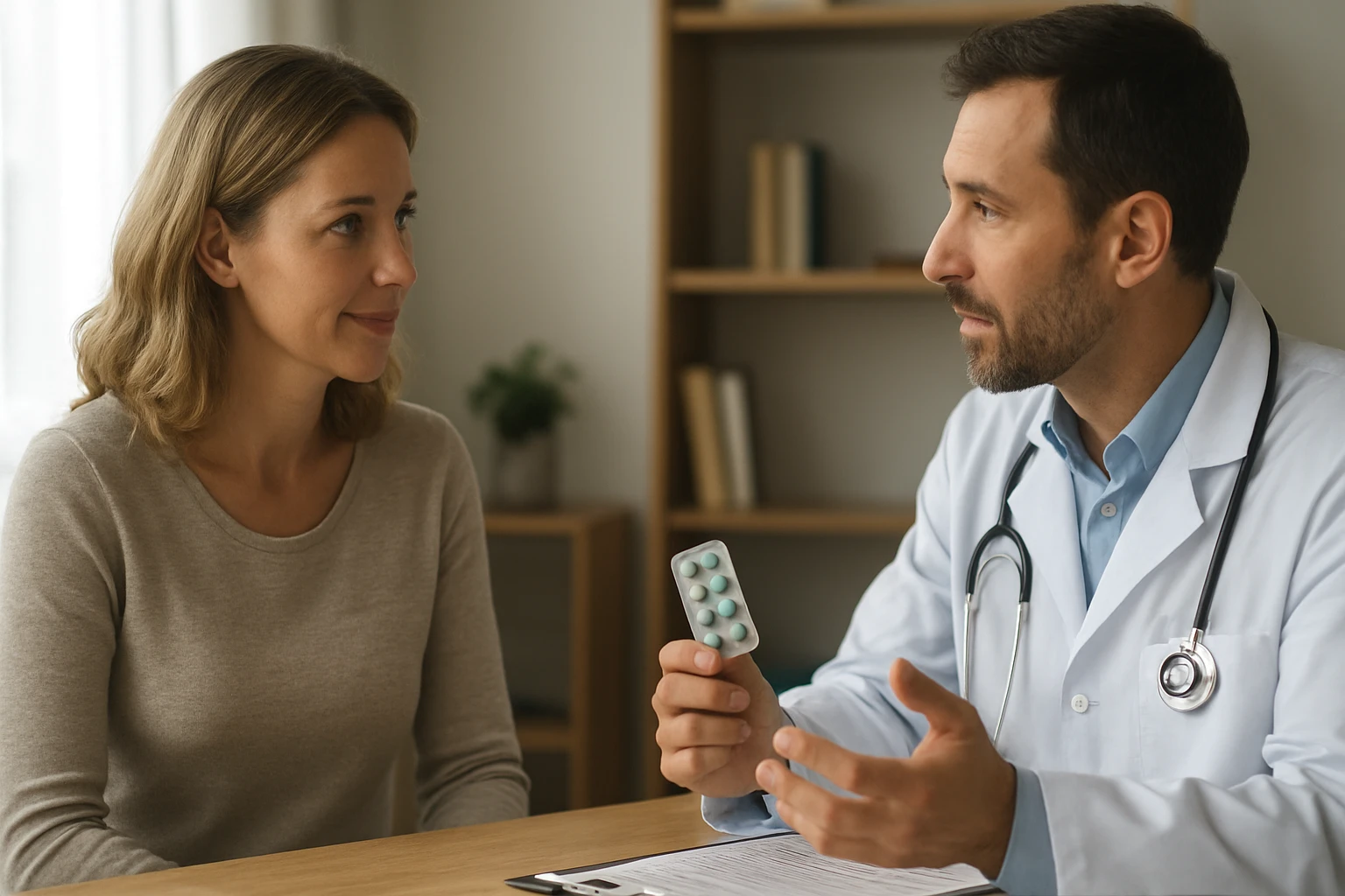 Ein Arzt erklärt einer Patientin die Einnahme von Medikamenten während einer Beratung.