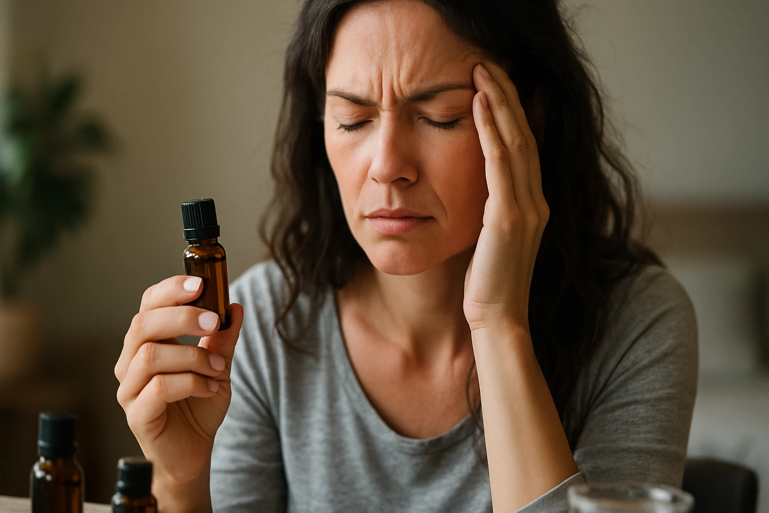 Eine Frau hält eine Flasche ätherisches Öl und zeigt Anzeichen von Unwohlsein.