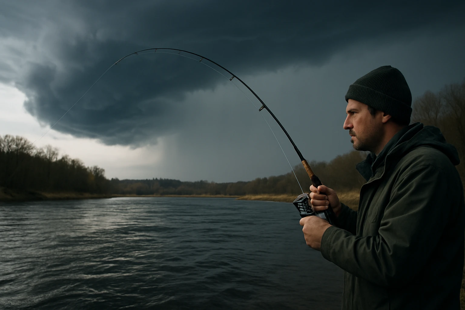 Ein Mann angelt an einem Fluss unter einem bewölkten Himmel.