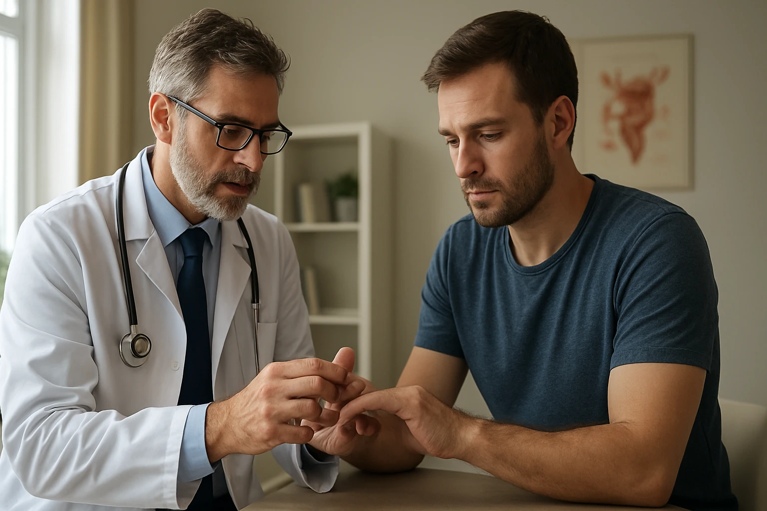Ein Arzt untersucht die Hand eines Patienten in einer modernen Praxis.