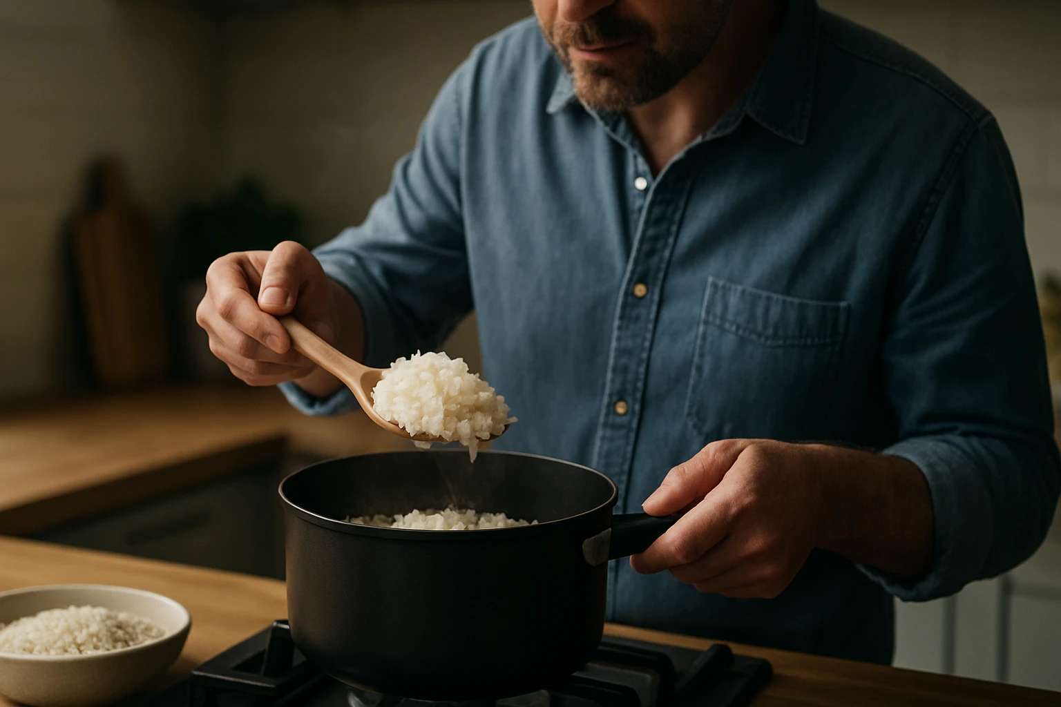Eine besorgte Frau sitzt am Tisch und hält sich die Schläfen, während ein Arzt ihr eine Tablette anbietet.