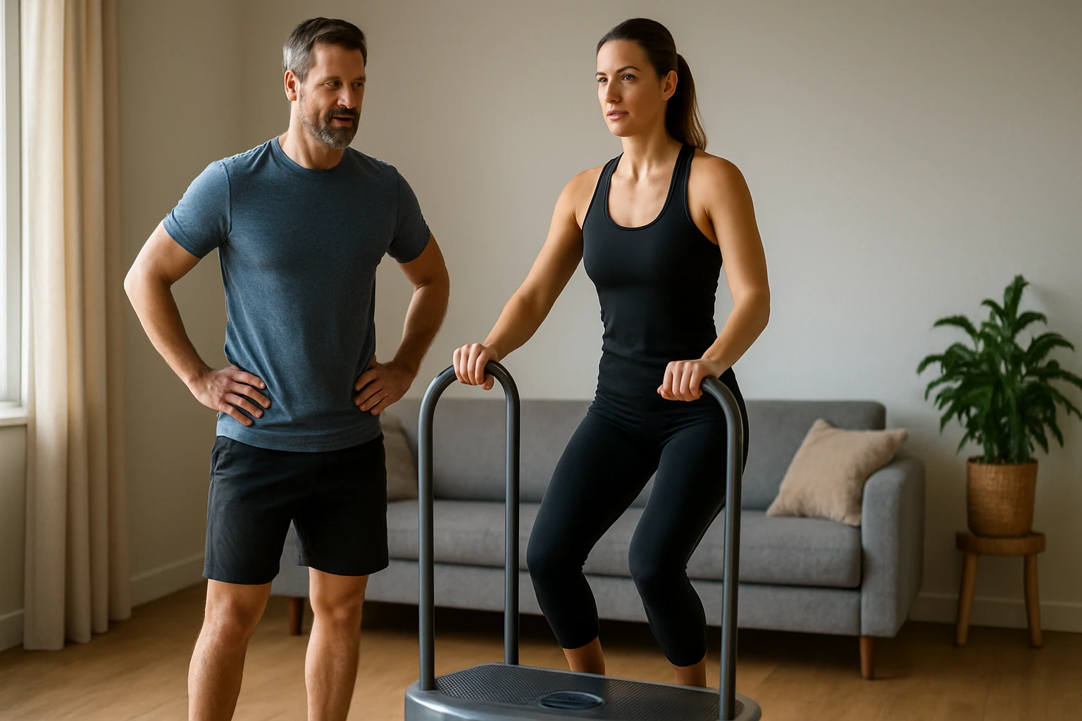 Eine besorgte Frau sitzt am Tisch und hält sich die Schläfen, während ein Arzt ihr ein Medikament zeigt.