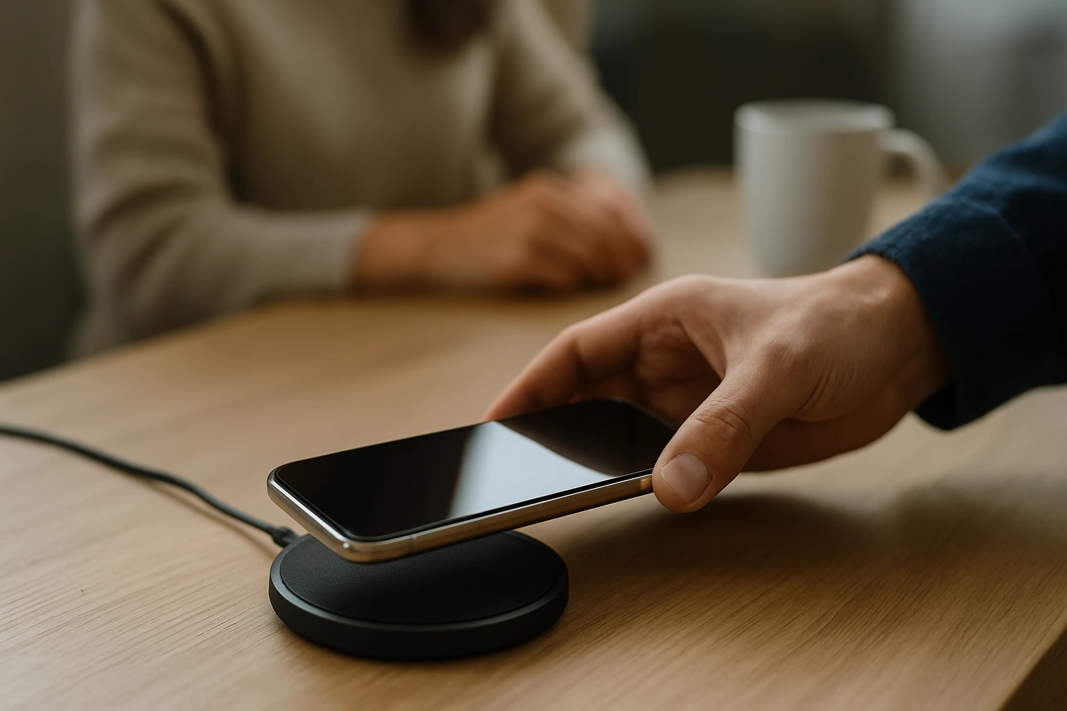 Eine besorgte Frau sitzt am Tisch und hält sich die Schläfen, während ein Arzt ihr ein Medikament zeigt.