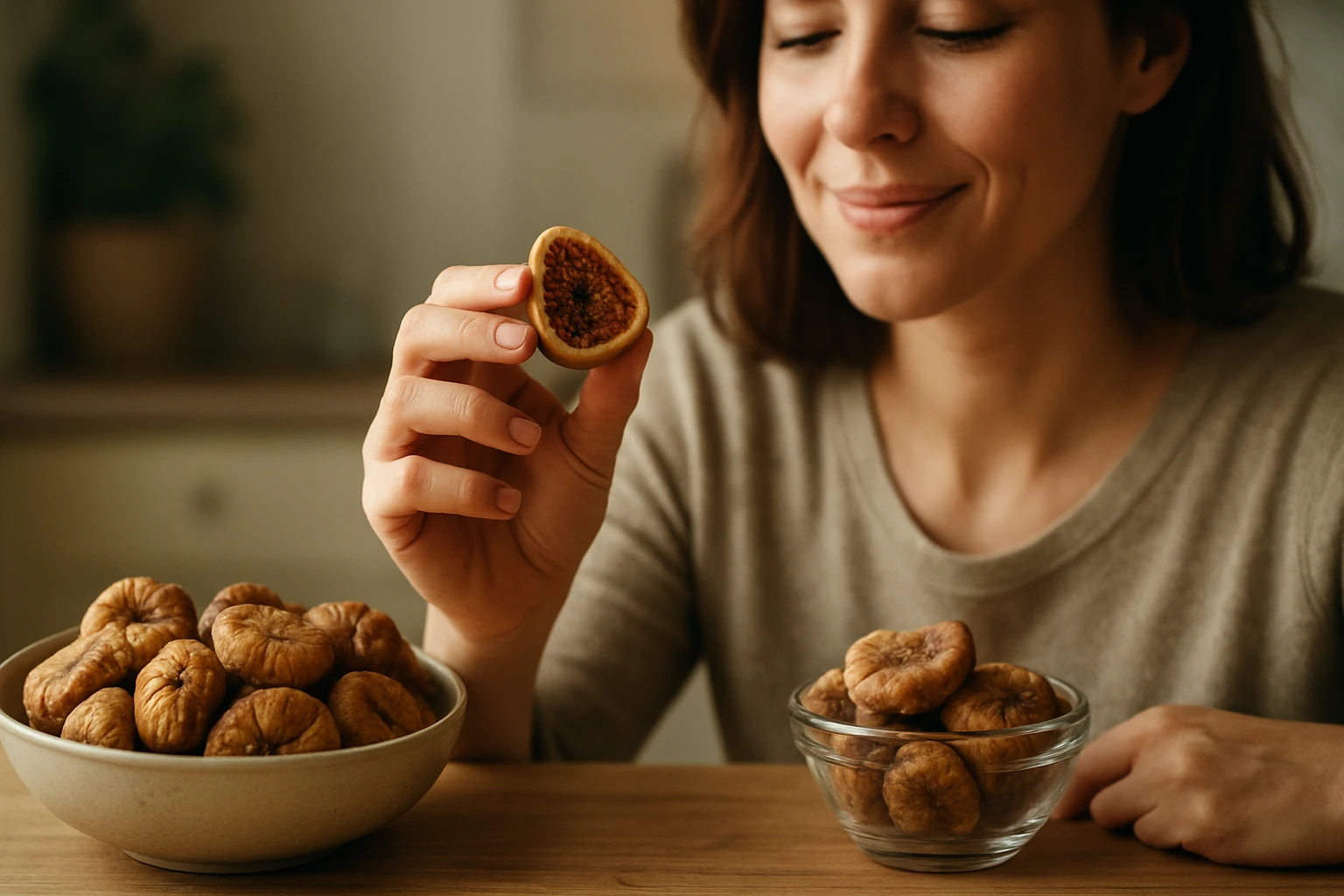 Eine besorgte Frau sitzt am Tisch und hält sich die Schläfen, während ein Arzt ihr ein Medikament zeigt.