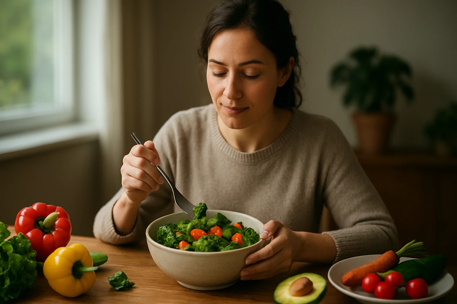 Eine besorgte Frau sitzt am Tisch und hält sich die Schläfen, während ein Arzt ihr ein Medikament zeigt.
