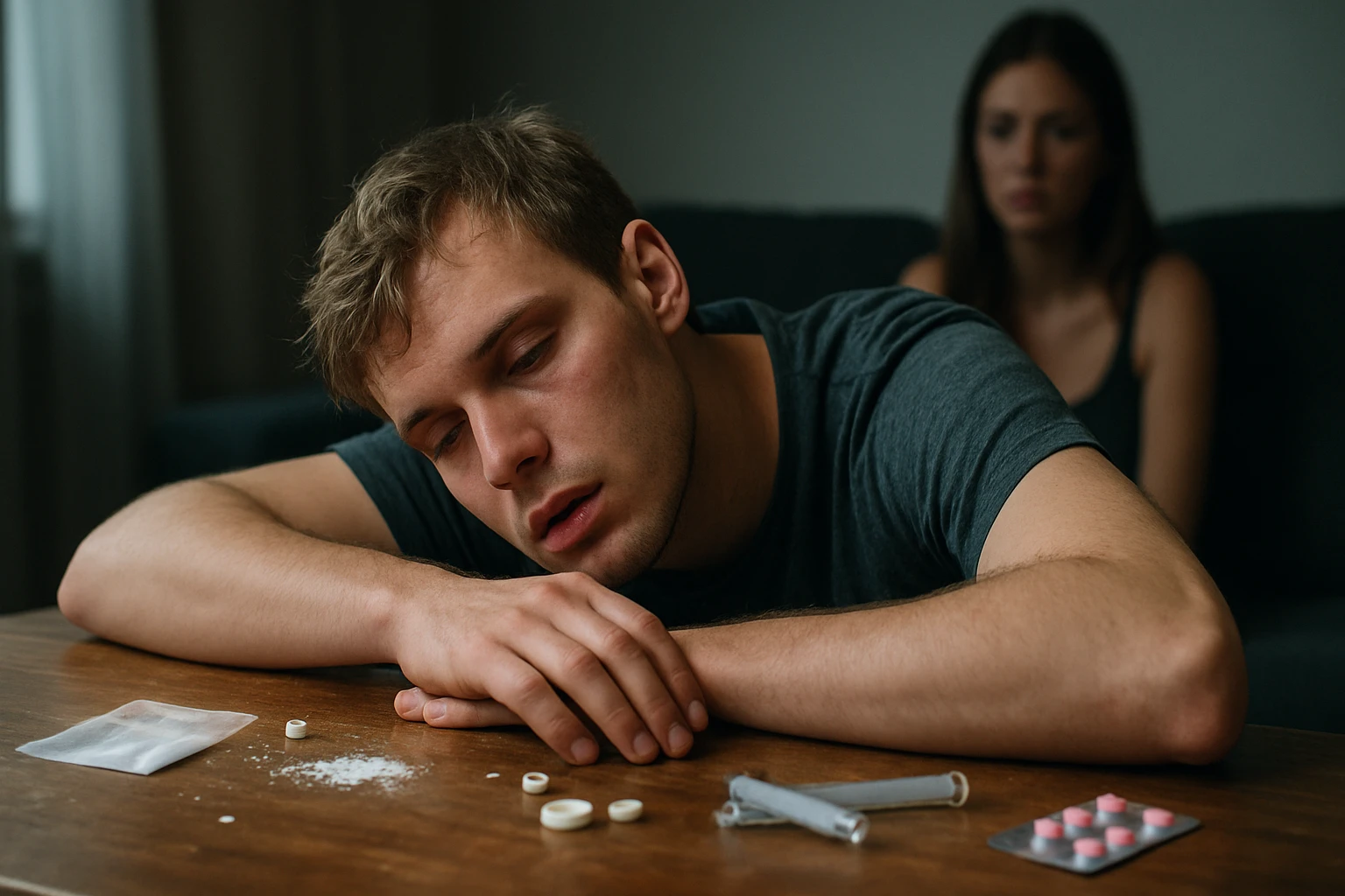 Eine besorgte Frau sitzt am Tisch und hält sich den Kopf, während ein Arzt ihr ein Medikament zeigt.