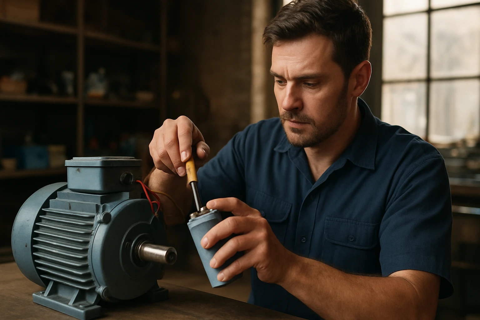 Eine besorgte Frau sitzt am Tisch und hält sich die Schläfen, während ein Arzt ihr ein Medikament zeigt.