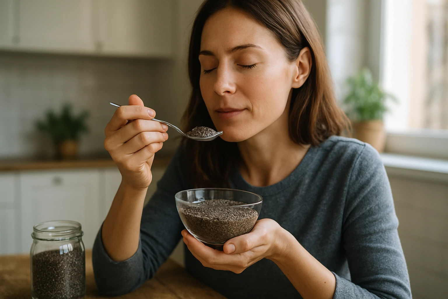 Eine besorgte Frau sitzt am Tisch und hält sich den Kopf, während ein Arzt ihr ein Medikament zeigt.