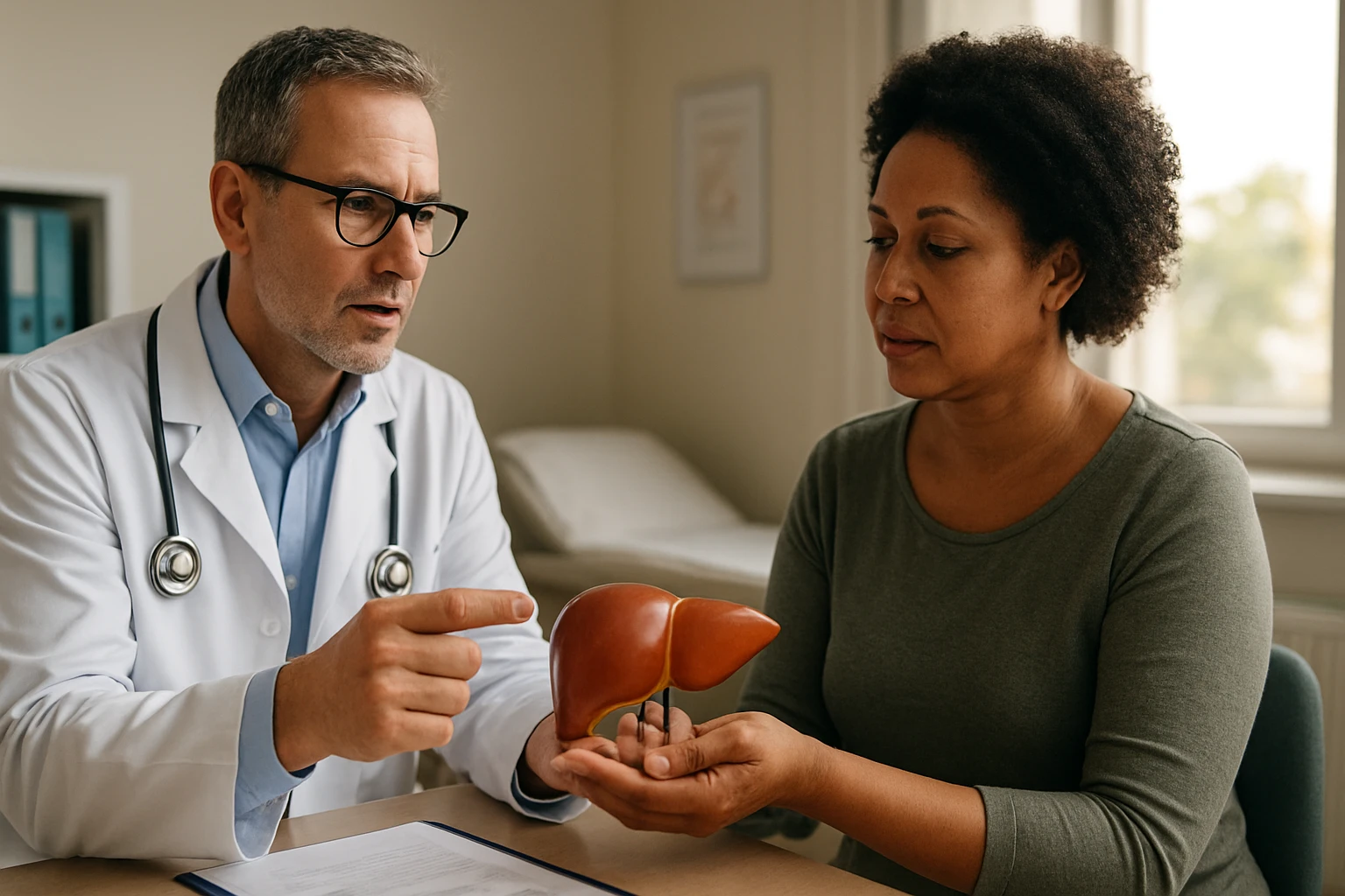 Eine besorgte Frau sitzt am Tisch und hält sich die Schläfen, während ein Arzt ihr ein Medikament zeigt.