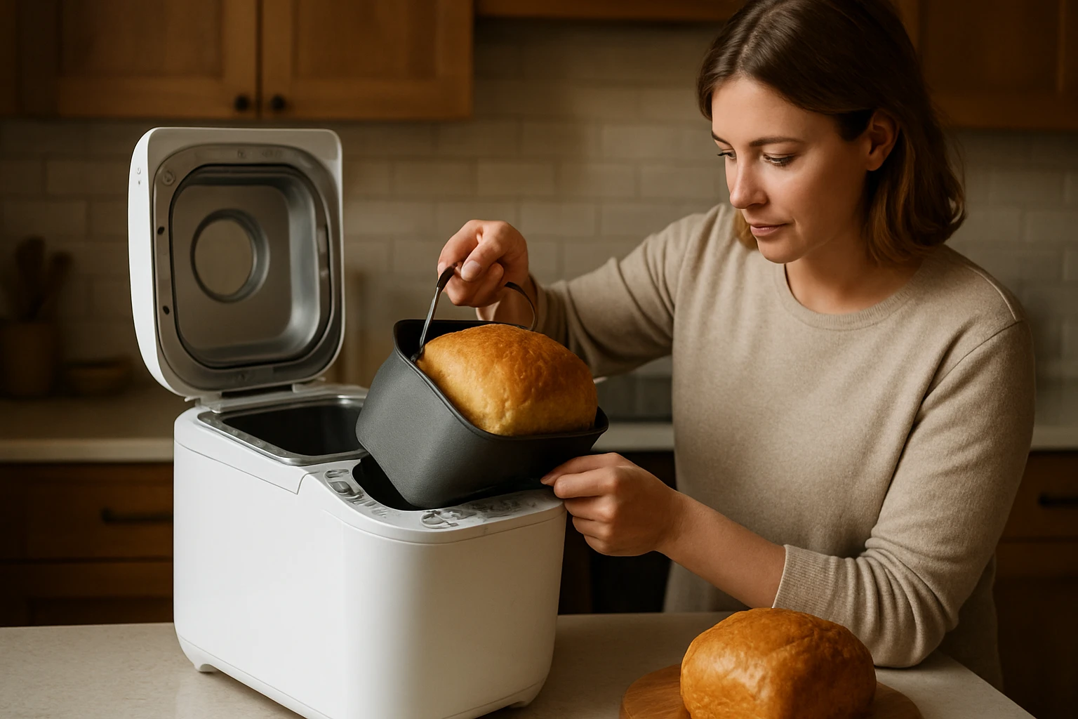 Eine besorgte Frau sitzt am Tisch und hält sich den Kopf, während ein Arzt ihr ein Medikament zeigt.