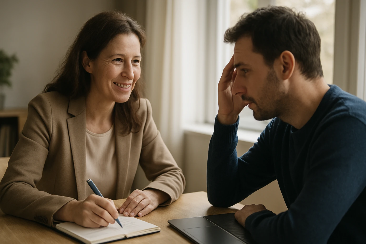 Eine Frau lächelt, während sie Notizen macht, während ein Mann nachdenklich aussieht.