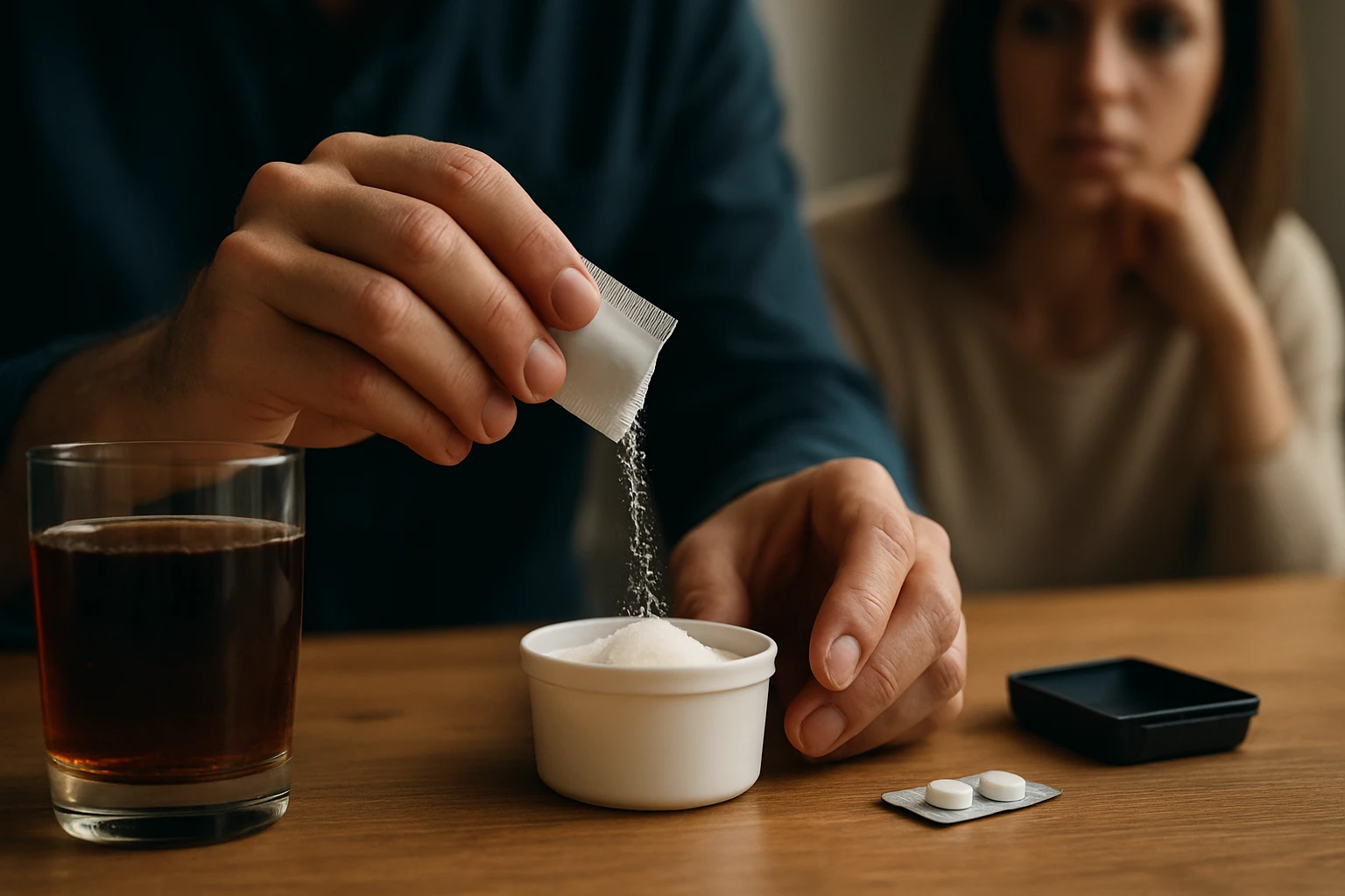 Ein Mann in Anzug zeigt auf eine Bitcoin-Münze vor einem Laptop mit Diagramm.