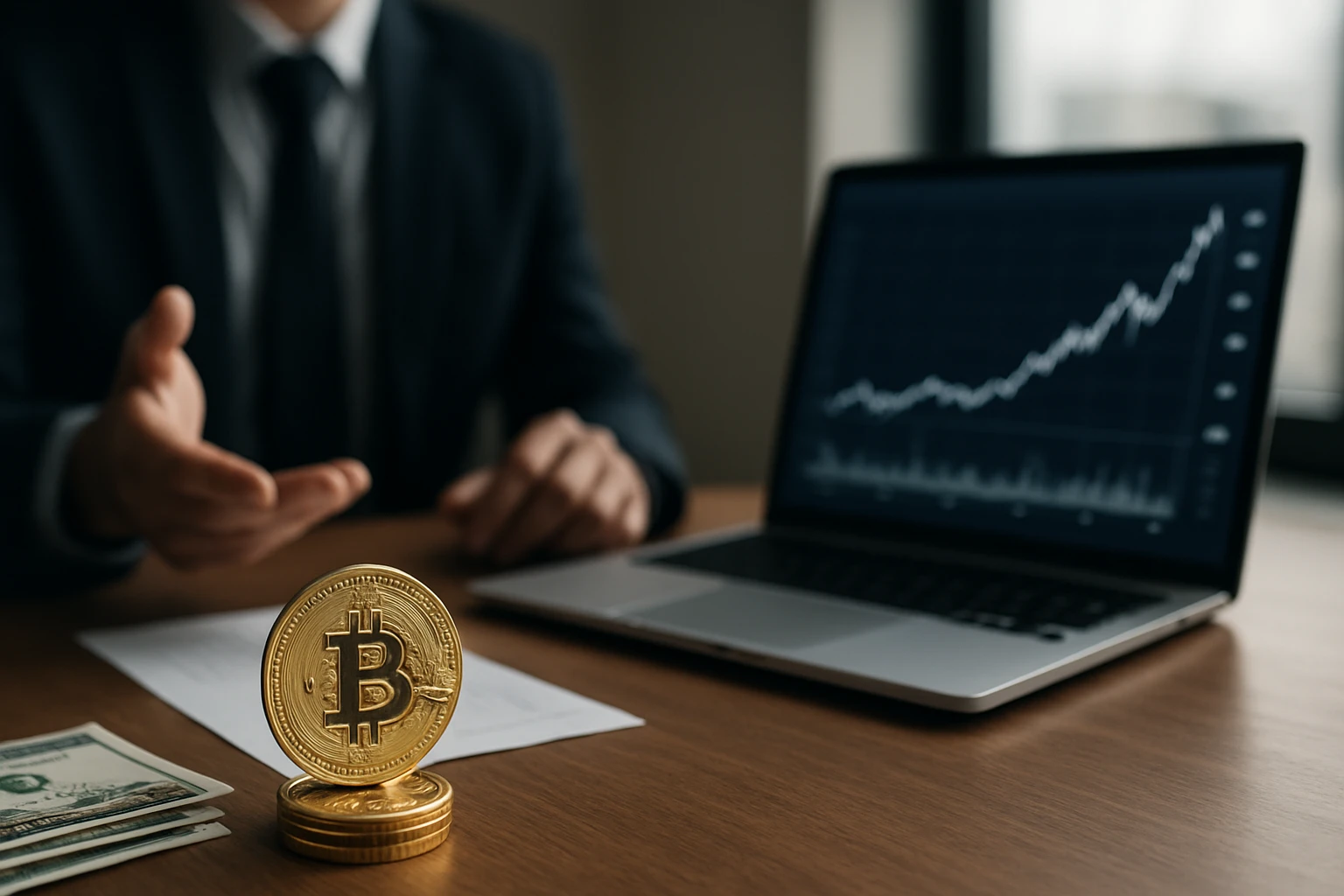 Ein Mann in Anzug zeigt auf eine Bitcoin-Münze vor einem Laptop mit Diagramm.