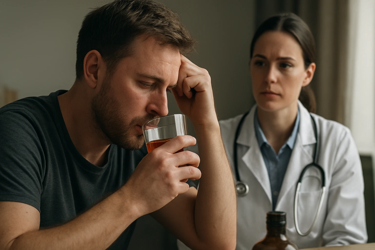 Ein Mann in Anzug zeigt auf eine Bitcoin-Münze, während ein Laptop mit Diagrammen im Hintergrund steht.