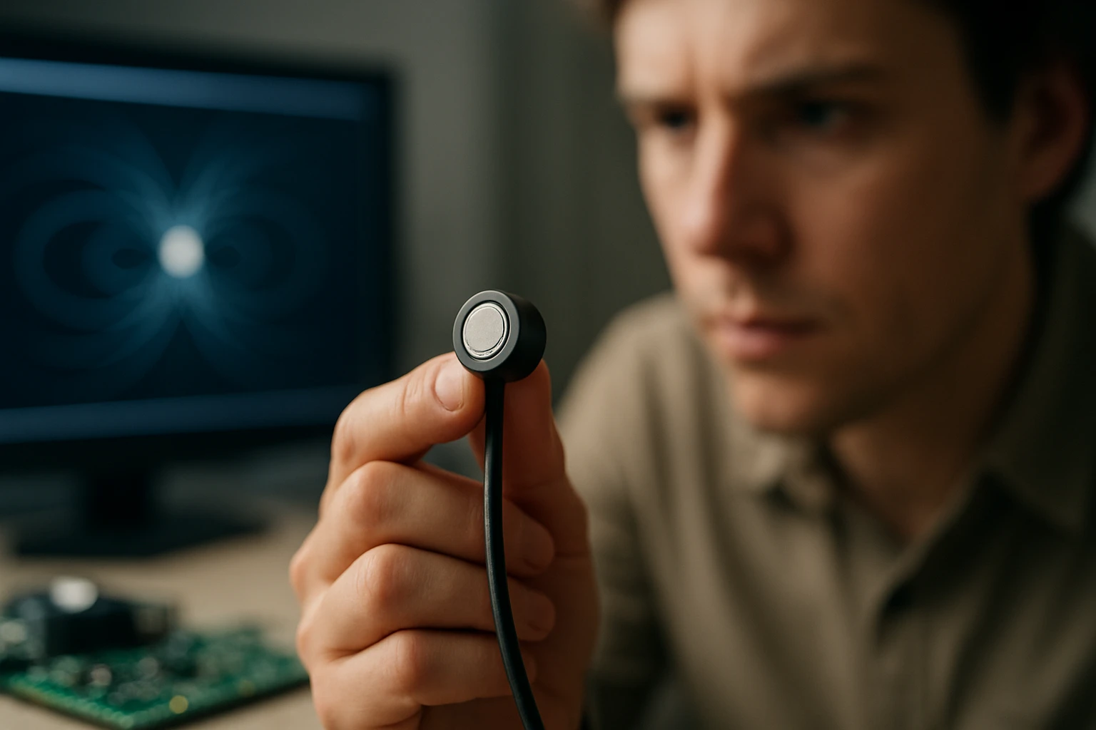 Ein Geschäftsmann zeigt auf eine Bitcoin-Münze vor einem Laptop mit Diagrammen.