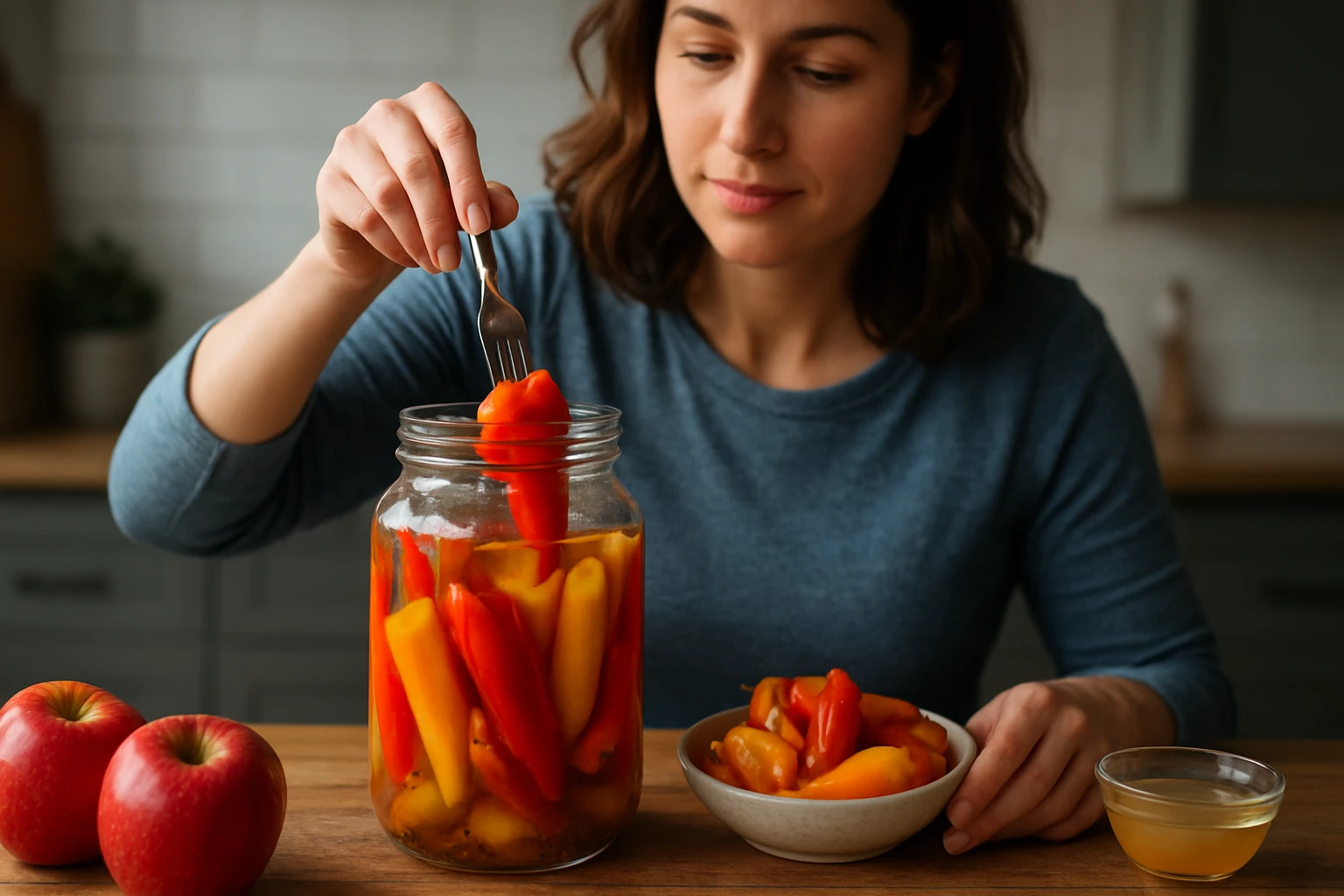 Eine Frau nimmt mit einer Gabel bunte Paprika aus einem Glas.