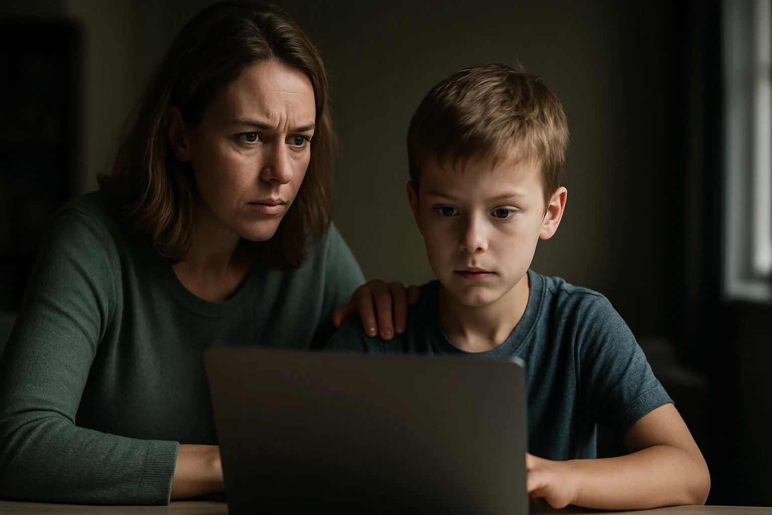 Eine nachdenkliche Frau hält eine Flasche mit braunem Inhalt in der Hand.
