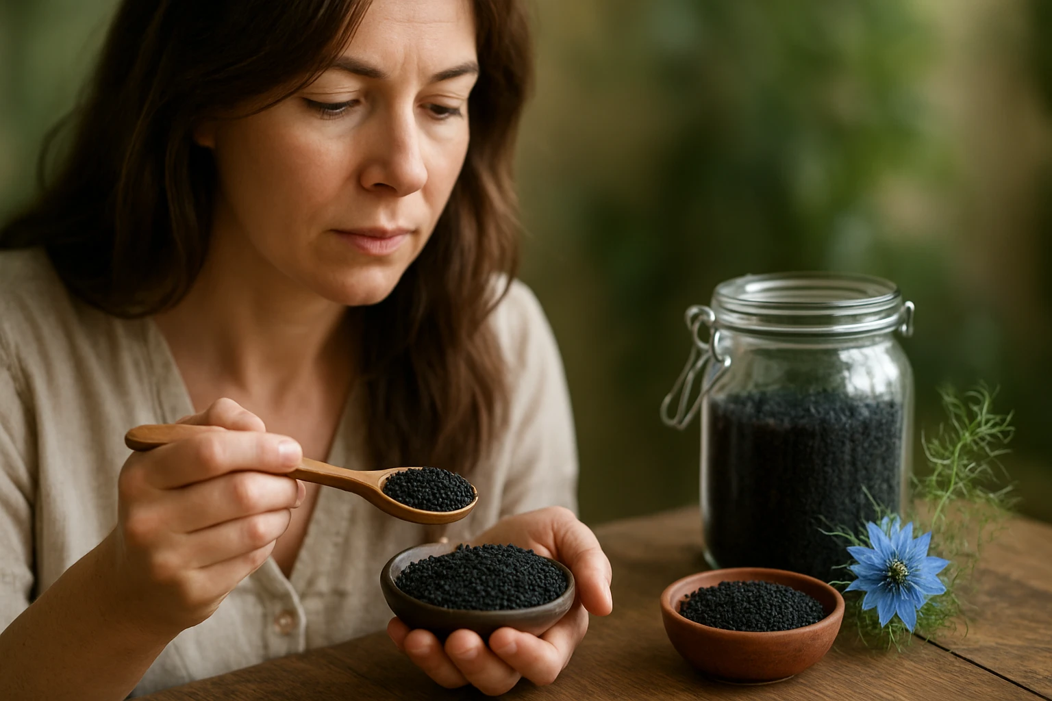 Eine nachdenkliche Frau hält eine Flasche mit braunem Inhalt in der Hand.
