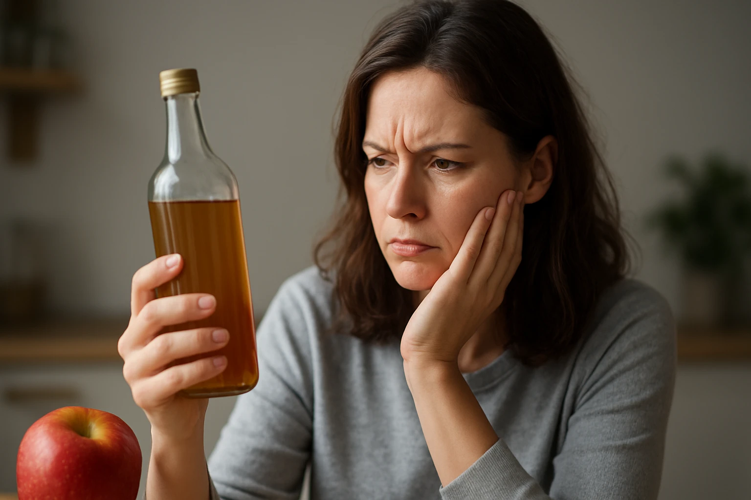 Eine Frau schaut nachdenklich auf eine Flasche mit braunem Inhalt und hält sich den Kopf.