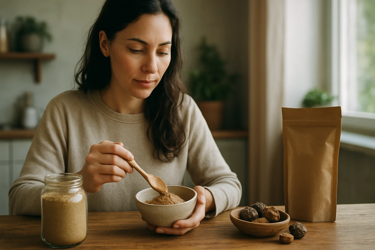 Eine Person hält einen lila Kristall in der Hand, während eine Kerze brennt.