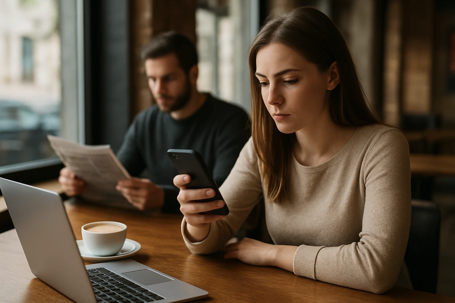 Eine Frau sitzt an einem Tisch mit einem Laptop und schaut auf ihr Smartphone, während ein Mann im Hintergrund eine Zeitung liest.