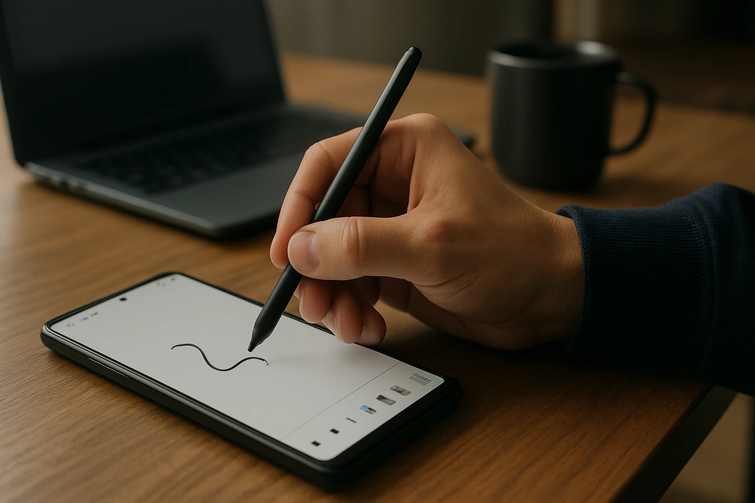 Eine Hand zeichnet mit einem Stylus auf einem Smartphone-Bildschirm.