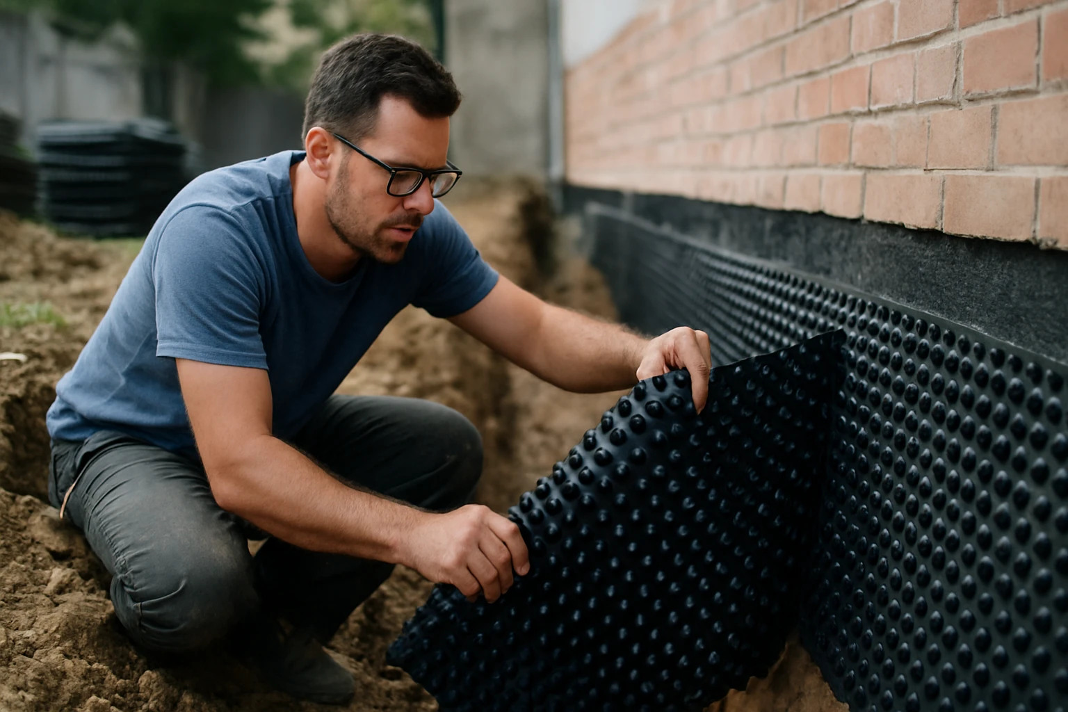 Ein Mann installiert eine schwarze Drainageplatte an einer Ziegelwand.