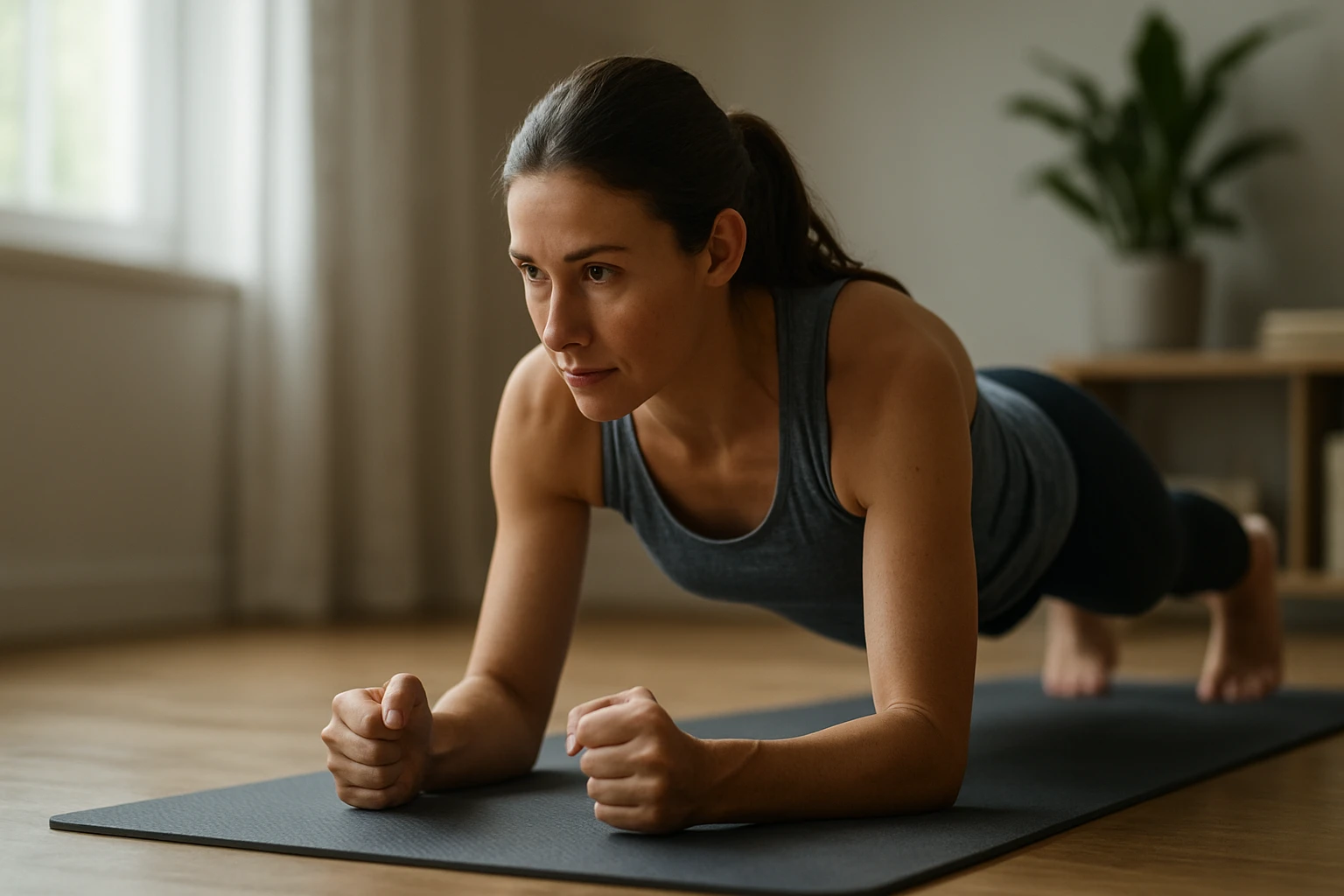 Eine Frau macht eine Plank-Übung auf einer Yogamatte in einem hellen Raum.