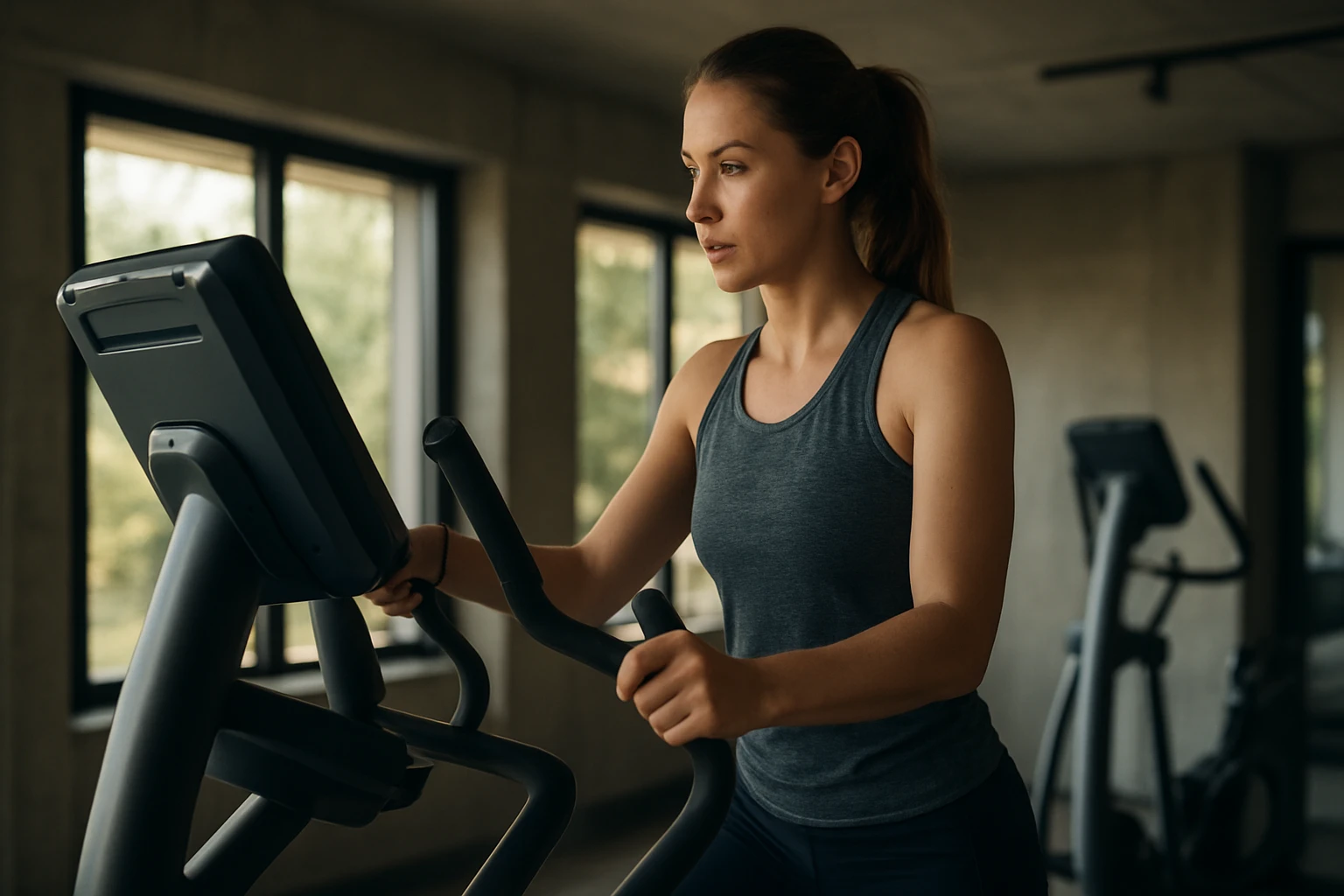 Eine Frau trainiert auf einem Ellipsentrainer in einem modernen Fitnessstudio.