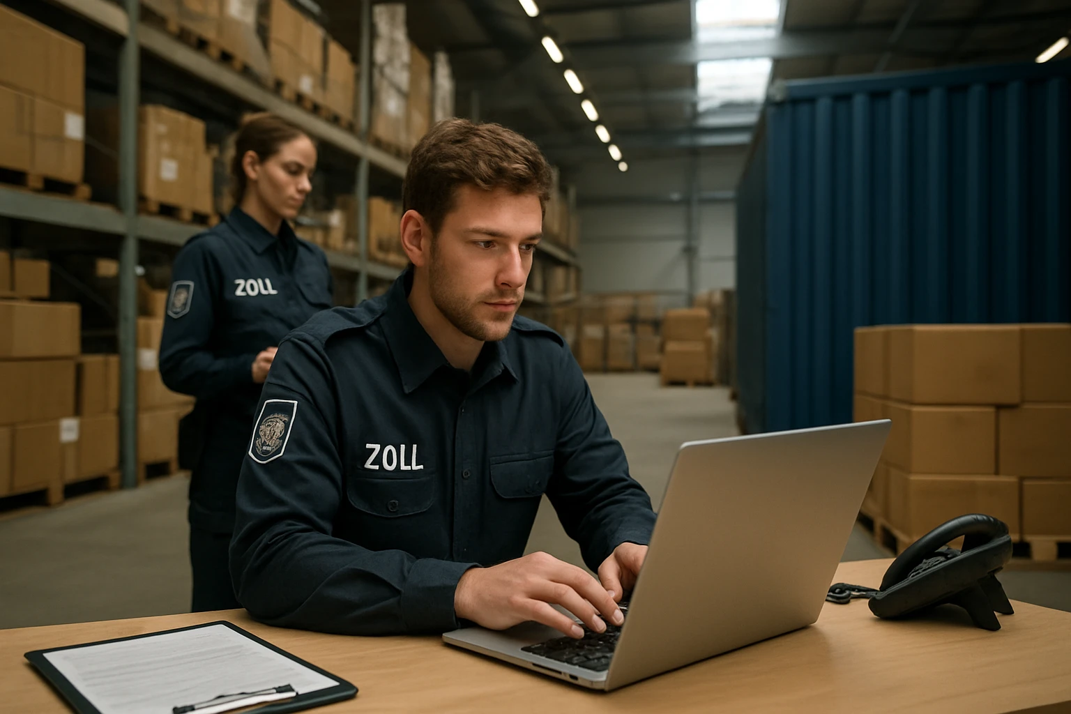 Ein Mann arbeitet konzentriert an einem Dokumentenprüfgerät am Schreibtisch.