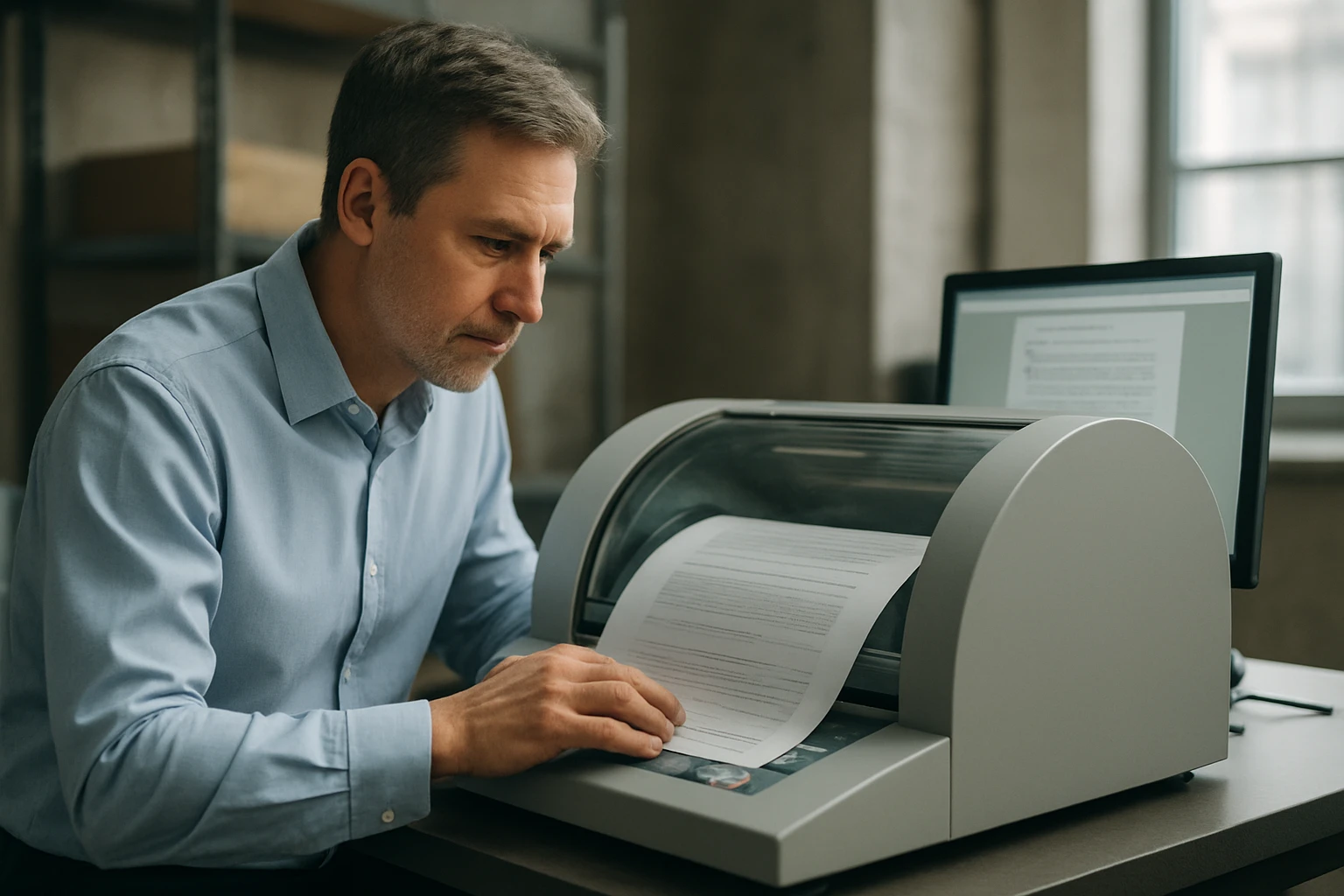 Ein Mann arbeitet konzentriert an einem Dokumentenverarbeitungssystem.