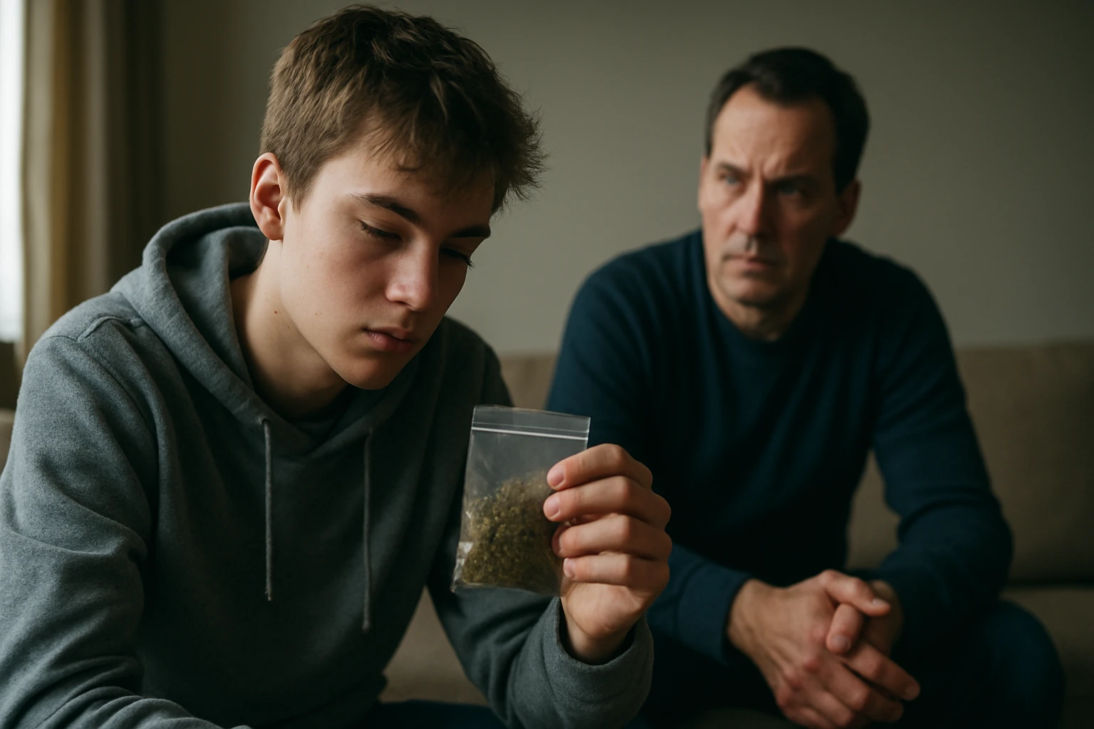 Ein Jugendlicher hält einen Beutel mit Gras in der Hand, während ein besorgter Erwachsener zuschaut.