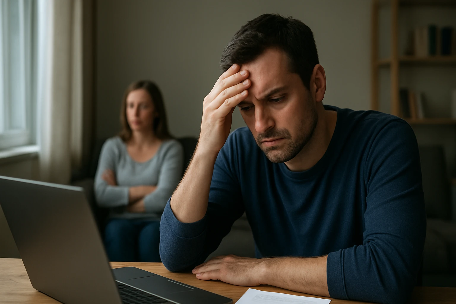 Ein besorgter Mann sitzt vor einem Laptop, während eine Frau im Hintergrund abwesend wirkt.