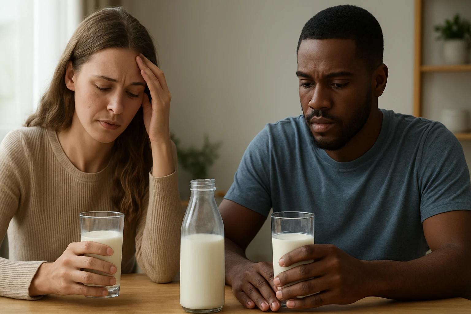 Ein besorgtes Paar sitzt am Tisch mit Gläsern Milch, nachdenklich und ernst.