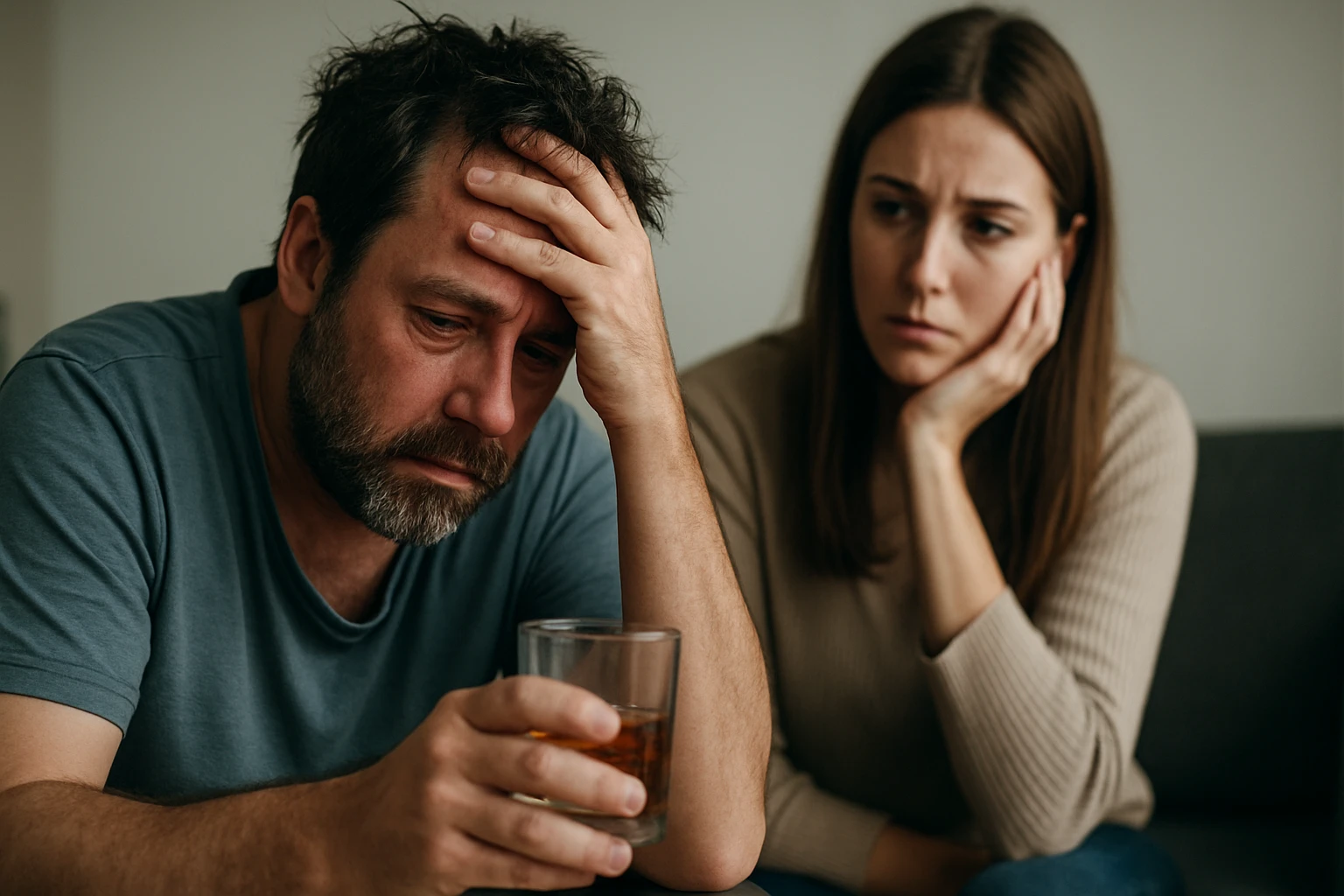 Ein besorgter Mann hält ein Glas in der Hand, während eine Frau ihn traurig ansieht.