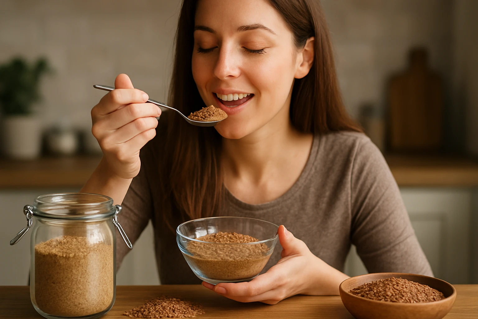 Eine nachdenkliche Frau hält eine Flasche mit braunem Inhalt in der Hand.