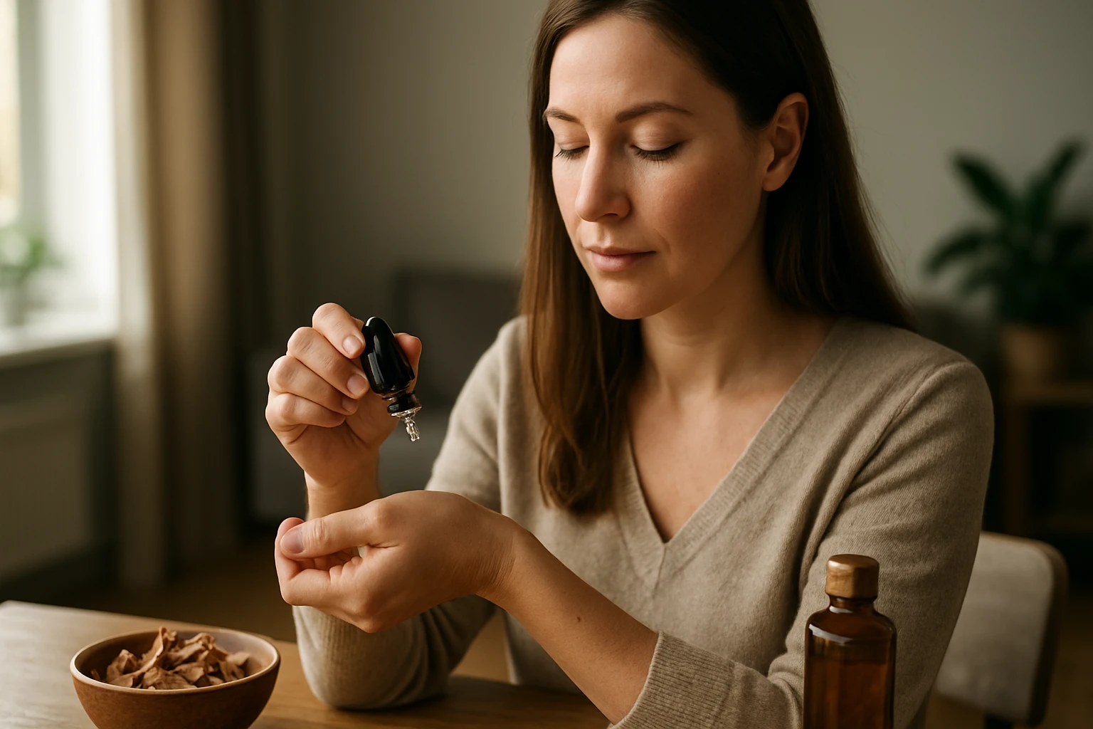 Eine Frau hält eine lila Seife mit Lavendelblüten in der Hand und genießt den Duft.