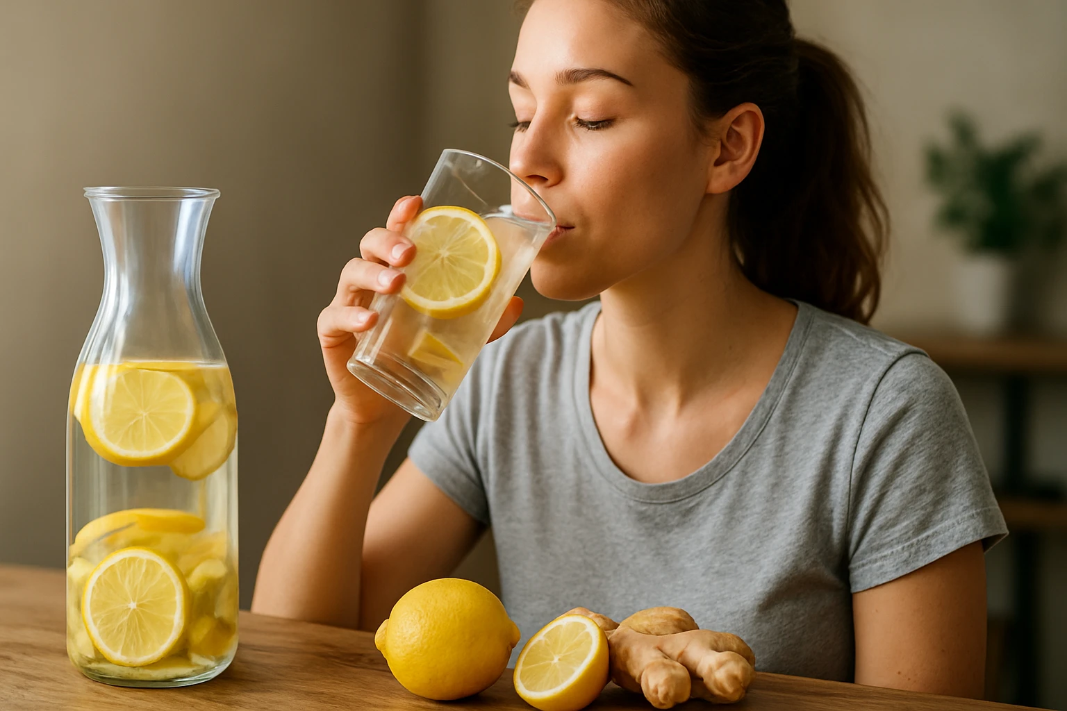 Eine Frau genießt ein Glas Zitronenwasser mit frischen Zitronen und Ingwer.