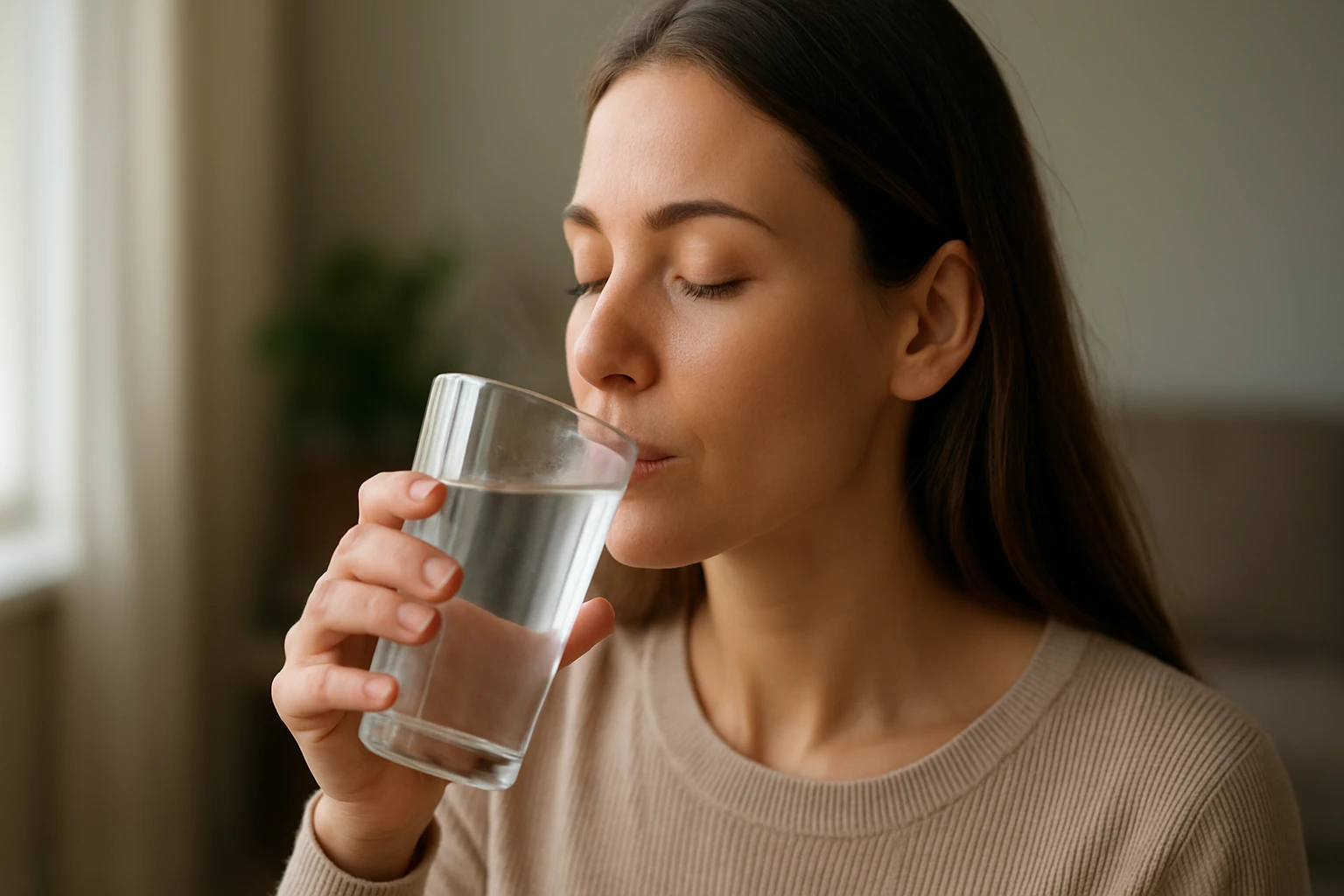 Eine Frau trinkt Wasser aus einem Glas und genießt den Moment der Erfrischung.