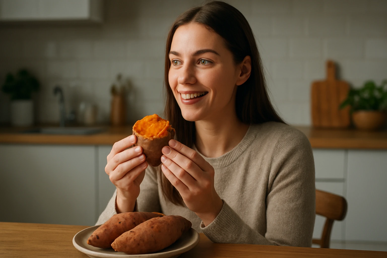 Eine nachdenkliche Frau betrachtet eine Flasche mit braunem Essig.