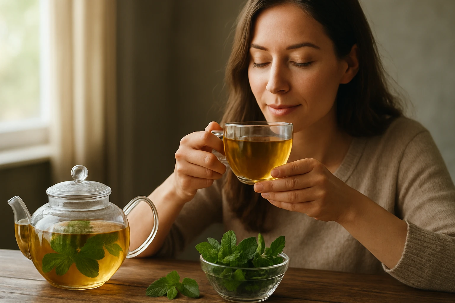 Eine flauschige Katze mit blauen Augen sitzt auf einem Tisch, während eine Frau im Hintergrund unscharf zu sehen ist.
