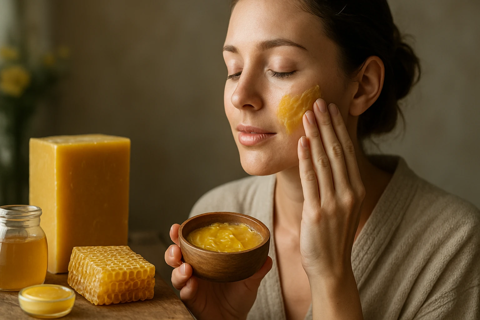 Eine flauschige Katze mit blauen Augen sitzt auf einem Tisch, im Hintergrund eine Frau.