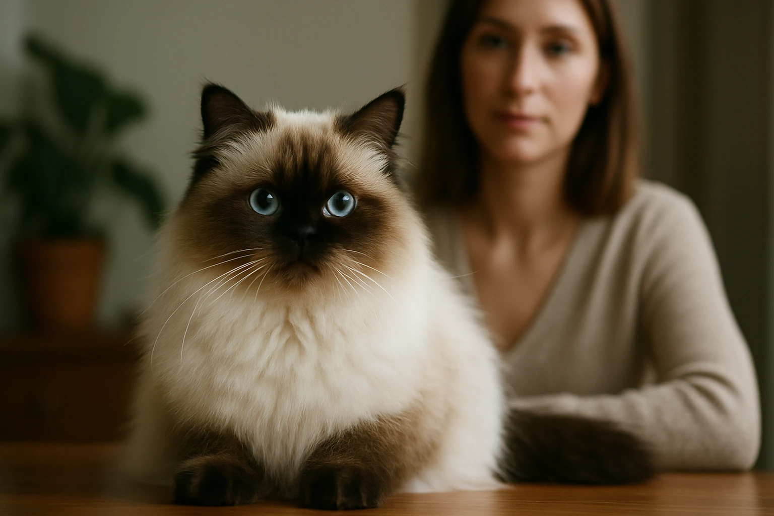 Eine flauschige Katze mit blauen Augen sitzt auf einem Tisch, während eine Frau im Hintergrund unscharf zu sehen ist.