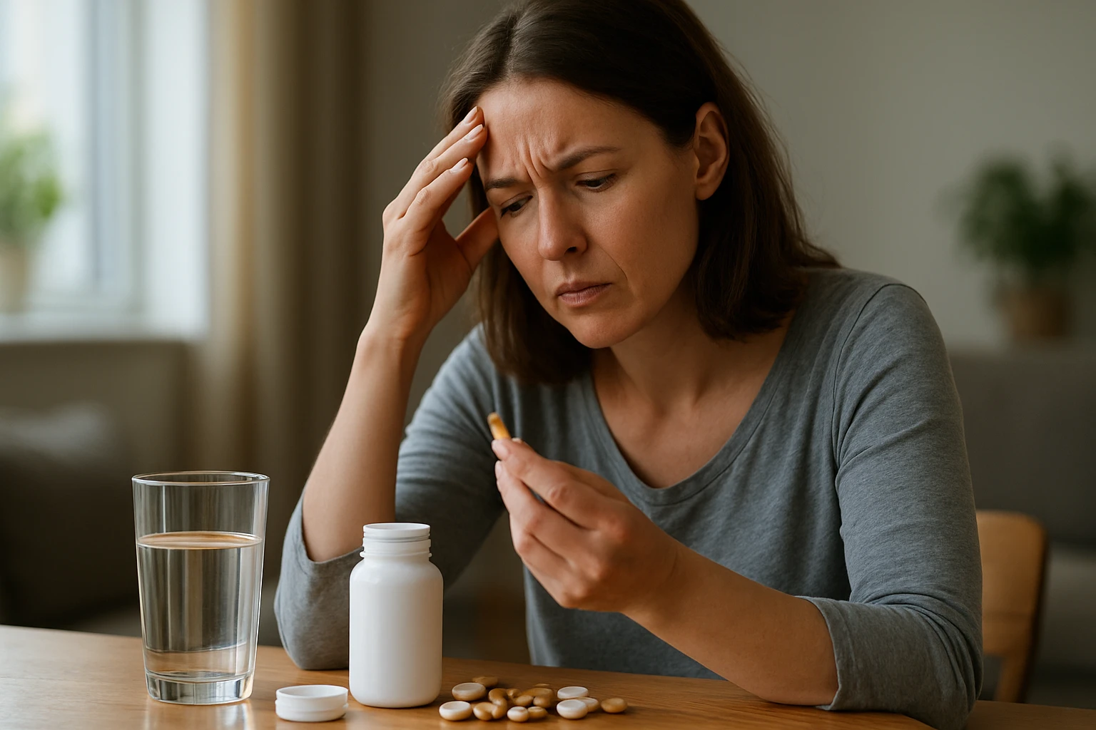 Eine besorgte Frau betrachtet eine Tablette, während sie an einem Tisch sitzt.