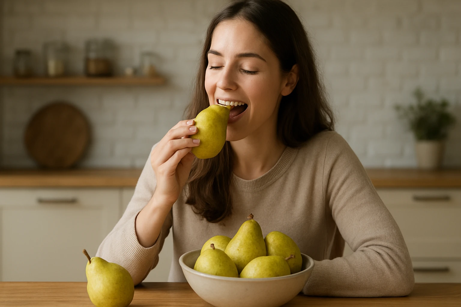 Eine Frau genießt eine grüne Birne, während sie an einem Tisch sitzt.