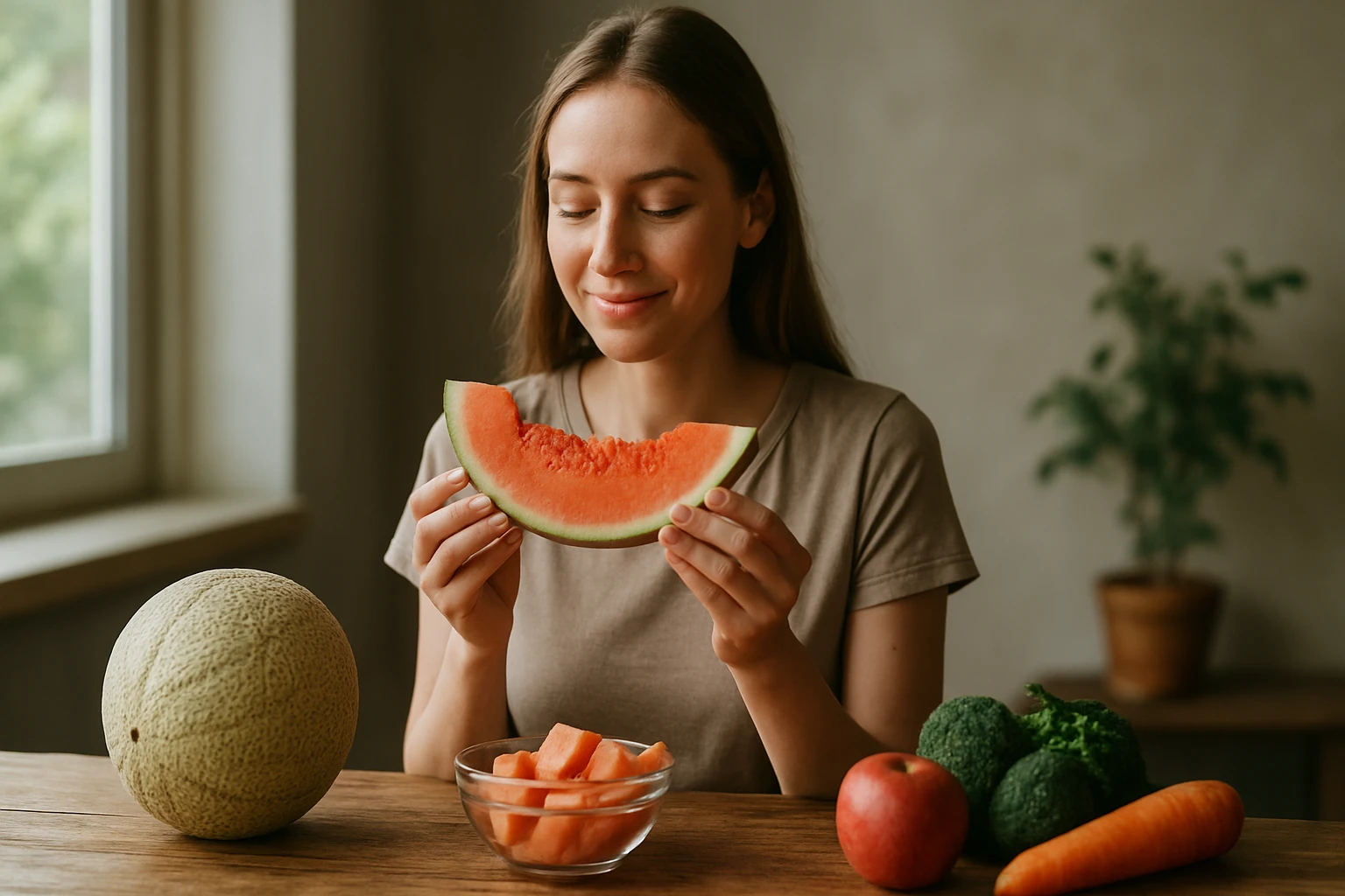 Eine Frau hält ein Stück Wassermelone in der Hand und lächelt.